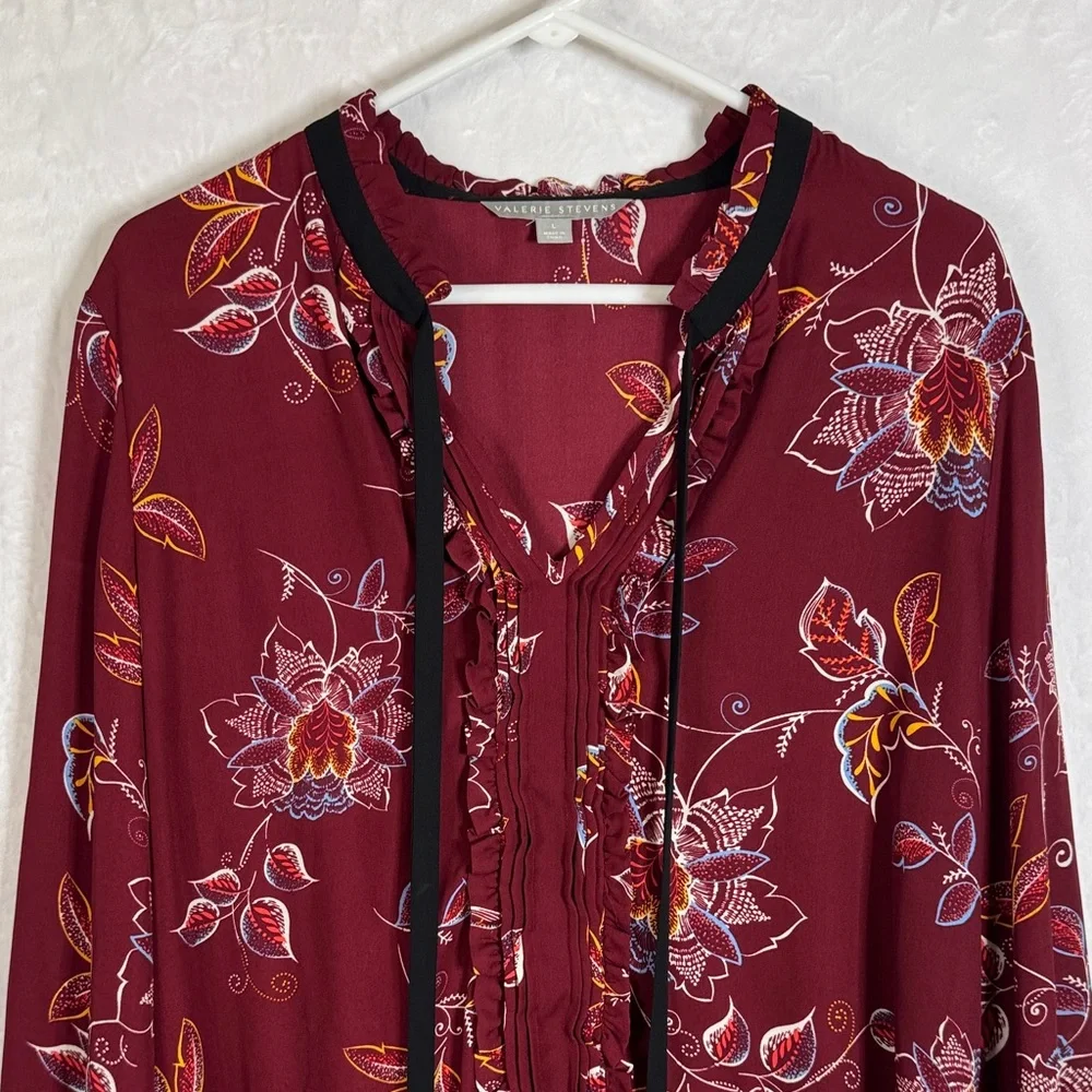 Valerie Stevens Semi Sheer Floral Burgundy Blouse Large